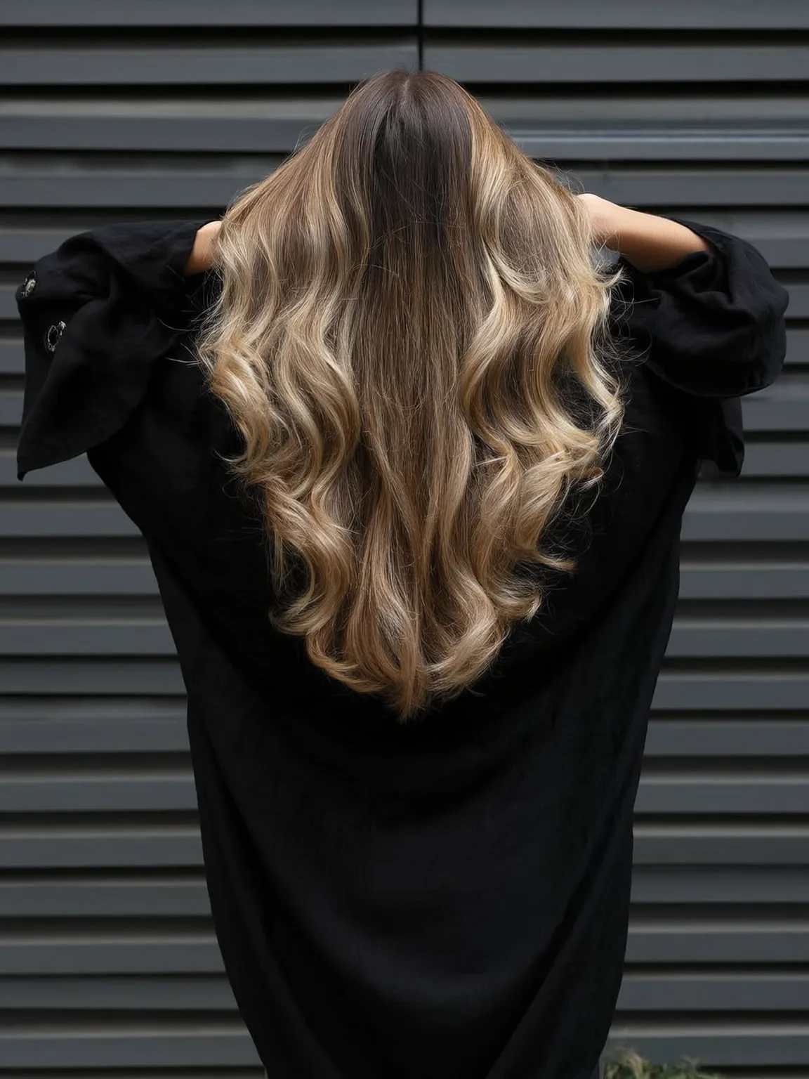 Glossy Long Waves with Golden Balayage Highlights